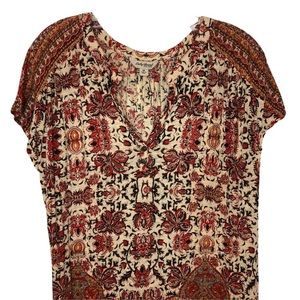 Lucky Brand Linen Modal Blend Cap Sleeve V-Neck Floral Maya Print Boho Top